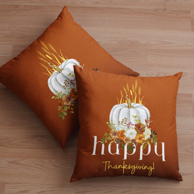 Happy Thanksgiving Brown Autumn Floral Pumpkin  Throw Pillow (Creator Uploaded)