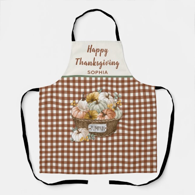 Happy Thanksgiving Brown Plaid Pumpkin Fall Apron (Front)