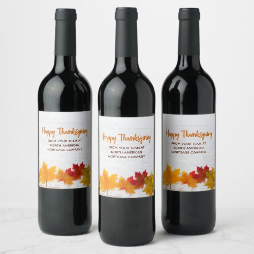 Happy Thanksgiving Business Autumn Leaves Custom Wine Label