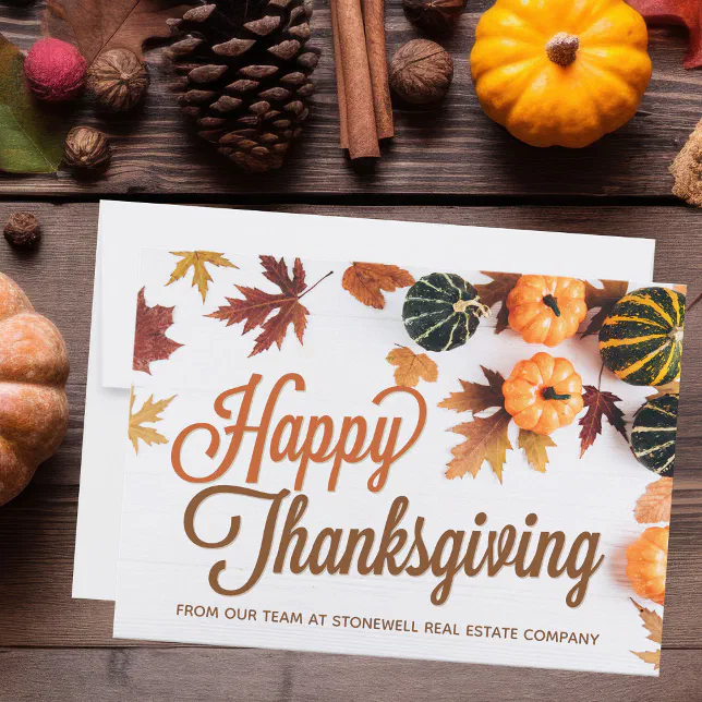Happy Thanksgiving Business Pumpkin Photo Custom Card
