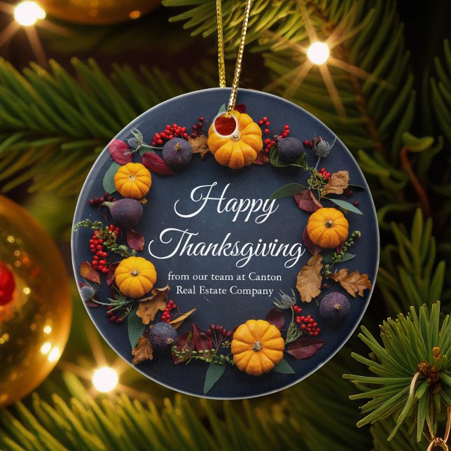 Happy Thanksgiving Business Pumpkin Wreath Custom Ceramic Ornament (Creator Uploaded)