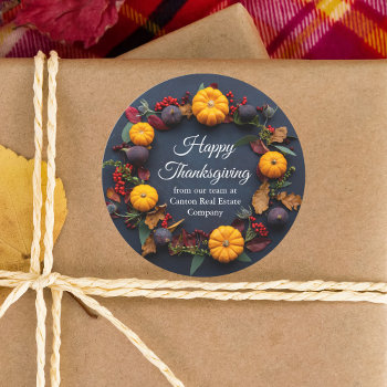 Happy Thanksgiving Business Pumpkin Wreath Modern Classic Round Sticker by epicdesigns at Zazzle