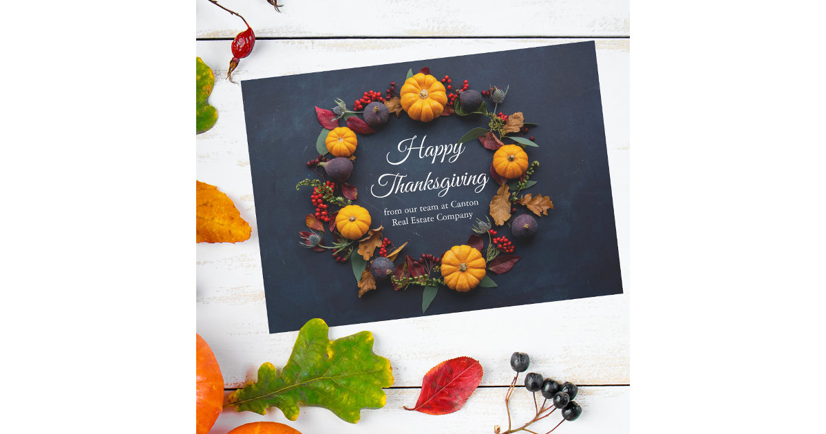 Happy Thanksgiving Business Pumpkin Wreath Modern Holiday Card | Zazzle