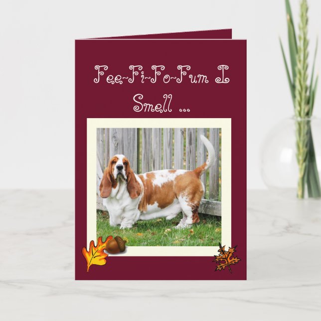 Happy Thanksgiving Card w/Basset, Turkey, and Pie (Front)