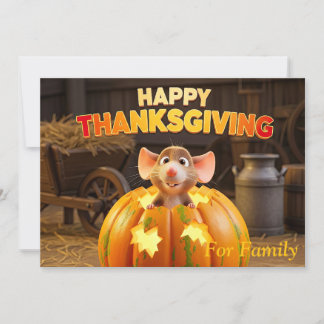 Happy Thanksgiving Cartoon Rat in Pumpkin Holiday Card