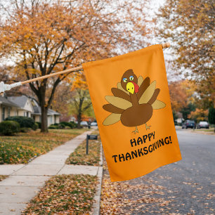 Happy Thanksgiving Cartoon Turkey House Flag