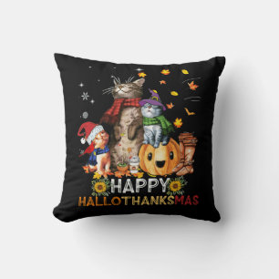Happy Thanksgiving Cat Happy Hallothanksmas Cats Throw Pillow