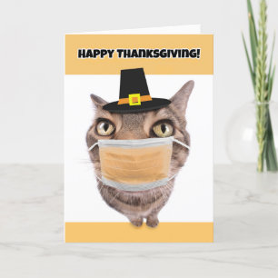 Happy Thanksgiving Cat inCoronavirus Face Mask Holiday Card