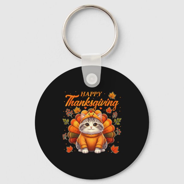 Happy Thanksgiving Cat Turkey Day Autumn Fall Men  Keychain (Front)
