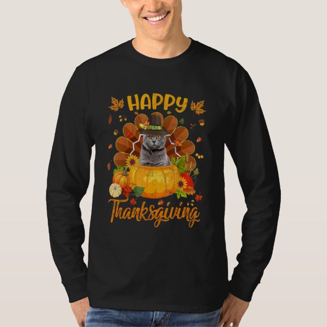 Happy Thanksgiving Cat Turkey Pumpkin T-Shirt (Front)