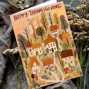 Happy Thanksgiving Charming Autumn Village Fall  Card