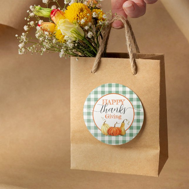 Happy Thanksgiving Checkered Tablecloth Pumpkins Classic Round Sticker (Creator Uploaded)