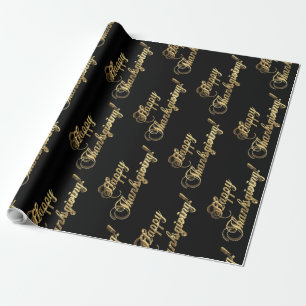 Happy Thanksgiving Chic Black Faux Gold Foil Text Wrapping Paper