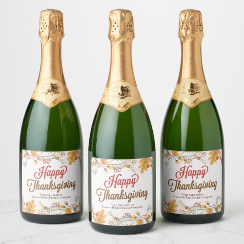 Happy Thanksgiving Chic Fall Leaves Company Party Sparkling Wine Label