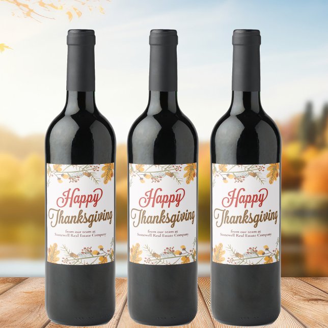 Happy Thanksgiving Chic Fall Leaves Company Party Wine Label (Creator Uploaded)