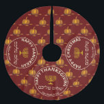 Happy Thanksgiving Christmas Hanukkah MULTI Custom Brushed Polyester Tree Skirt<br><div class="desc">This TREE SKIRT has been designed for families of different faiths and celebrations - THANKSGIVING, HANUKKAH and CHRISTMAS. So whether you celebrate 'Chrismukkah' or 'Thanksgivukkah', etc, this tree skirt covers all bases. Suitable for Christmas trees and Menorah trees. Customize the text in each of the three circles, which are unlinked,...</div>