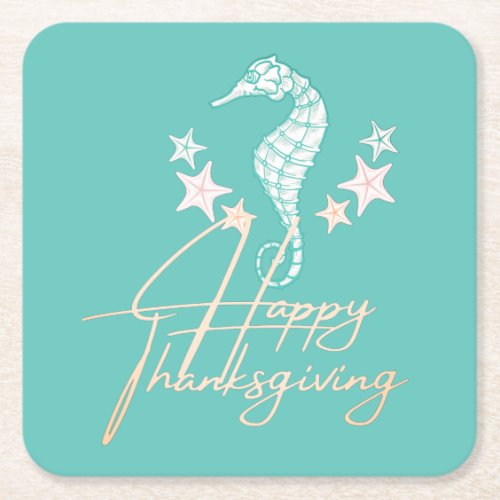 Happy Thanksgiving Coastal Beach Seaside Holiday Square Paper Coaster