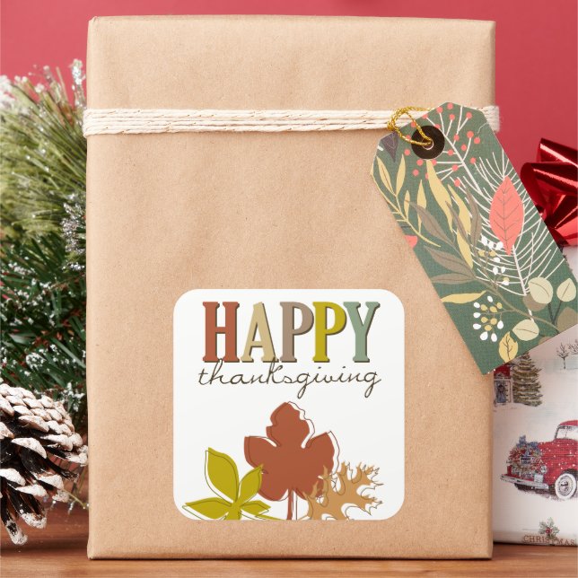 Happy Thanksgiving Colorful Autumn Leaves Holiday Square Sticker (Holiday)