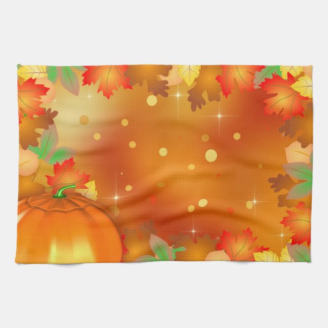 Happy Thanksgiving Colorful Autumn Leaves Kitchen Towel (Horizontal)