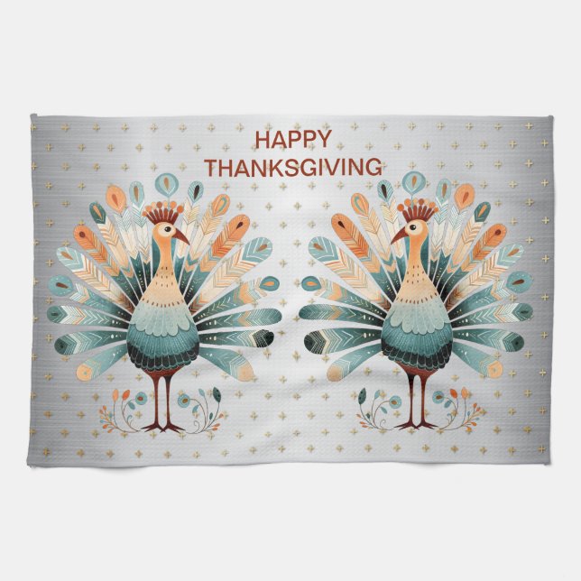 Happy Thanksgiving Colorful Turkey Golden Stars Kitchen Towel (Horizontal)