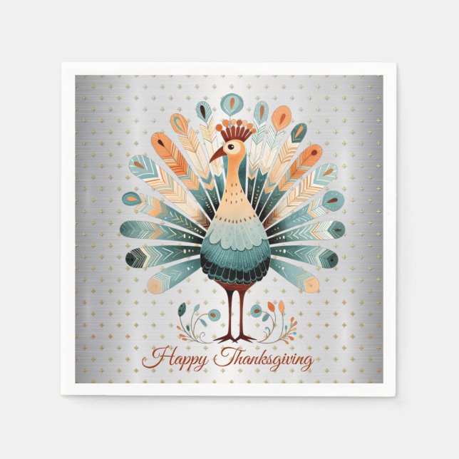 Happy Thanksgiving Colorful Turkey Golden Stars Napkins (Front)