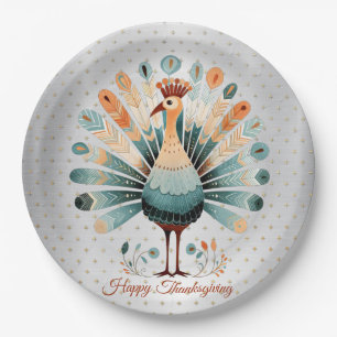 Happy Thanksgiving Colorful Turkey Golden Stars Paper Plates