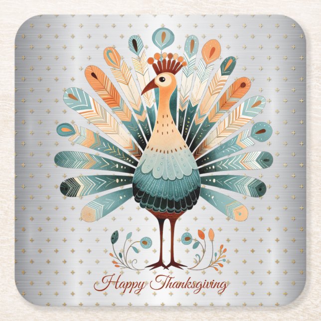 Happy Thanksgiving Colorful Turkey Golden Stars Square Paper Coaster (Front)