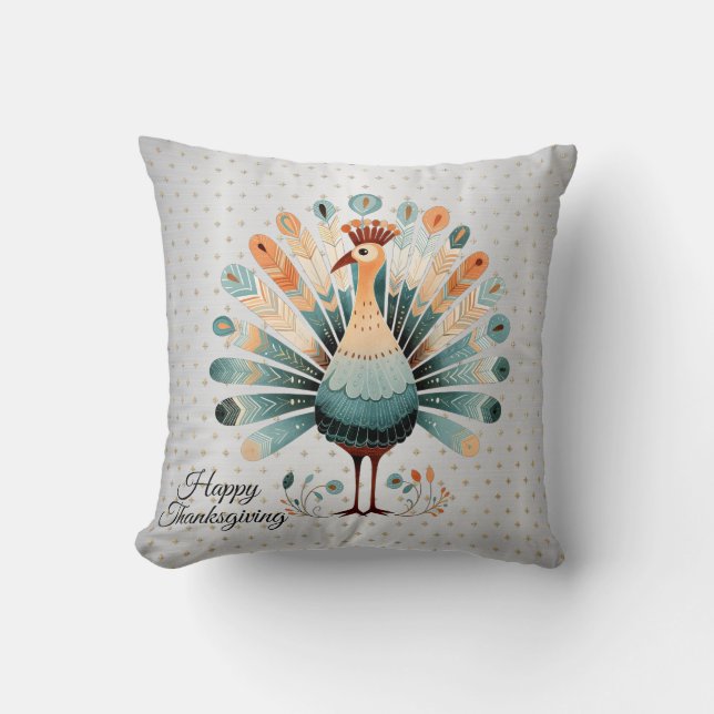 Happy Thanksgiving Colorful Turkey Golden Stars Throw Pillow (Front)