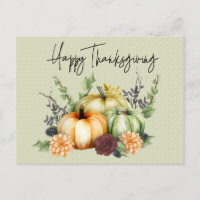 Happy Thanksgiving Colorful Watercolor Pumpkin Postcard