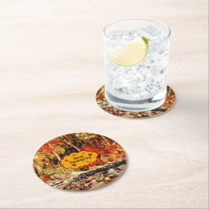 "Happy Thanksgiving," Colors of Autumn Round Paper Coaster
