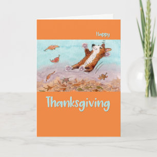 Happy Thanksgiving, Corgi dog jumping in leaves Holiday Card
