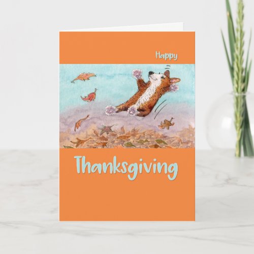 Happy Thanksgiving Corgi dog jumping in leaves Holiday Card
