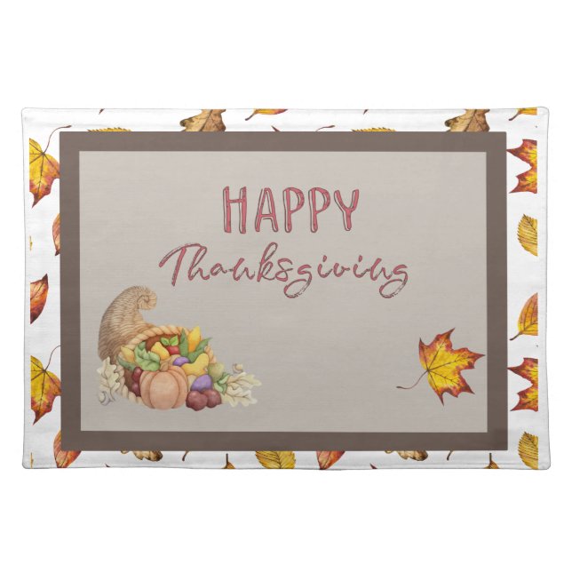 Happy Thanksgiving Cornucopia Basket Fall Leaves   Cloth Placemat (Front)