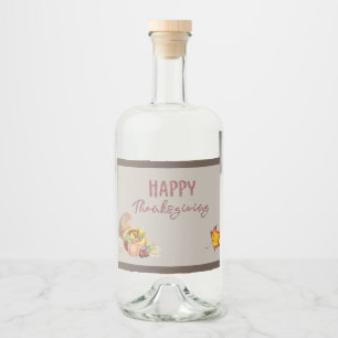 Happy Thanksgiving Cornucopia Basket Fall Leaves Liquor Bottle Label
