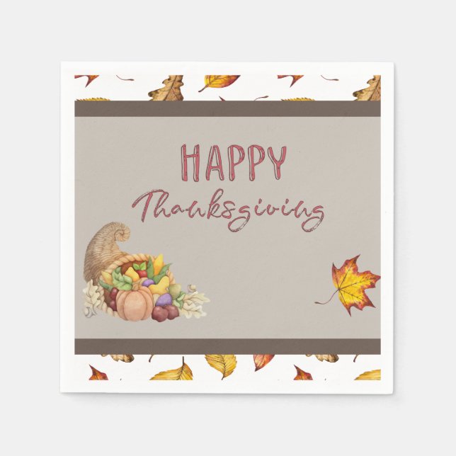 Happy Thanksgiving Cornucopia Basket Fall Leaves   Napkins (Front)