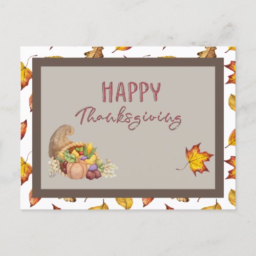 Happy Thanksgiving Cornucopia Basket Fall Leaves Postcard