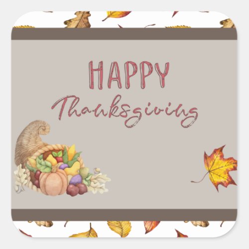 Happy Thanksgiving Cornucopia Basket Fall Leaves   Square Sticker