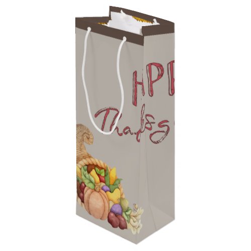 Happy Thanksgiving Cornucopia Basket Fall Leaves   Wine Gift Bag