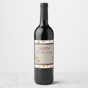 Happy Thanksgiving Cornucopia Basket Fall Leaves   Wine Label