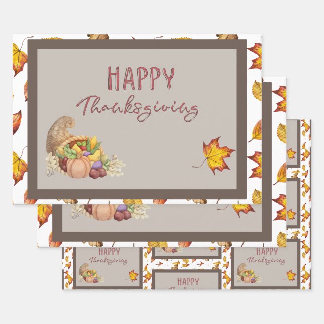 Happy Thanksgiving Cornucopia Basket Fall Leaves   Wrapping Paper Sheets (Set)