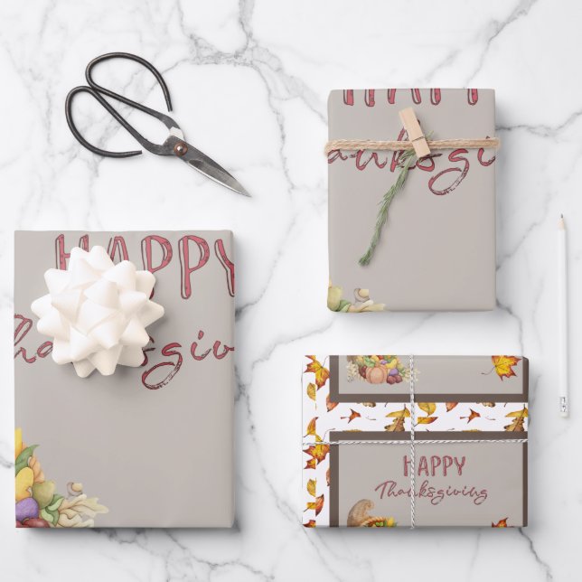 Happy Thanksgiving Cornucopia Basket Fall Leaves   Wrapping Paper Sheets (Front)