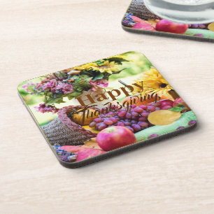 Happy Thanksgiving Cornucopia Fruits Grapes Apples Beverage Coaster