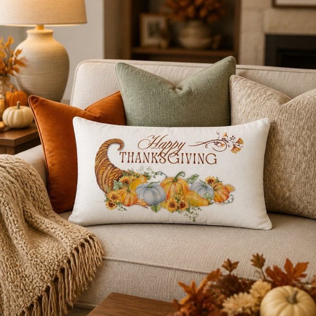 Happy Thanksgiving Cornucopia  Lumbar Pillow (Creator Uploaded)