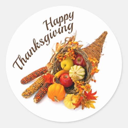 Happy Thanksgiving Cornucopia Round Stickers