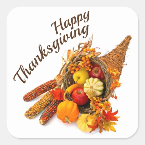 Happy Thanksgiving Cornucopia Square Stickers