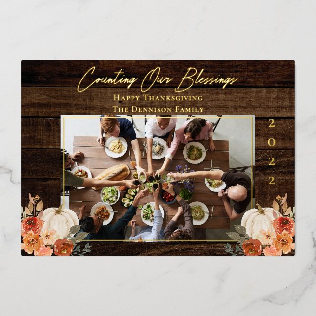 Happy Thanksgiving -Counting Our Blessings 1 Photo Foil Holiday Card (Front)