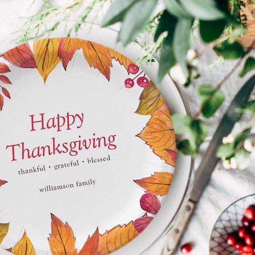 Happy Thanksgiving Country Rustic Autumn Foliage Paper Plates