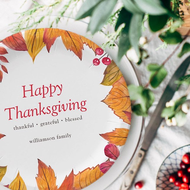 Happy Thanksgiving Country Rustic Autumn Foliage Paper Plates (Creator Uploaded)