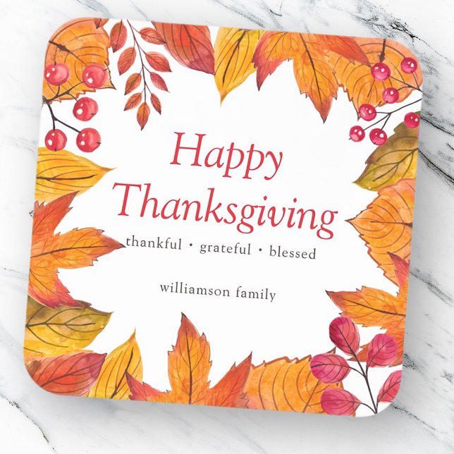 Happy Thanksgiving Country Rustic Autumn Foliage Square Sticker (Creator Uploaded)