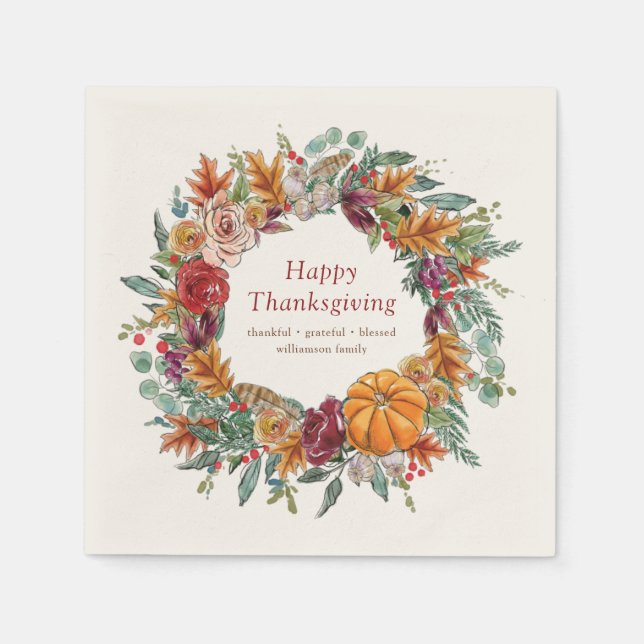 Happy Thanksgiving Country Rustic Pumpkin Wreath Napkins (Front)